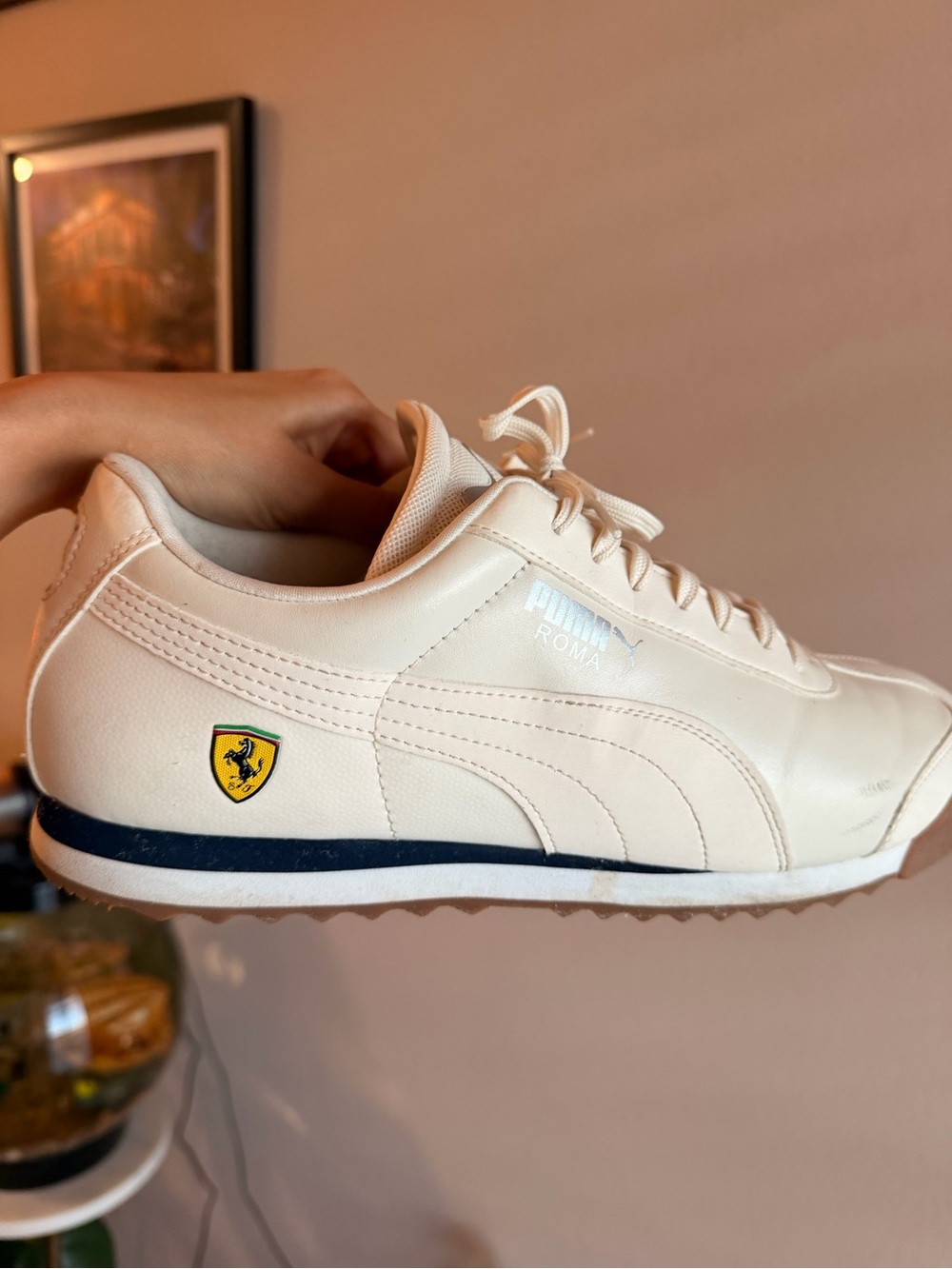 Puma Roma Cream Sneakers with Navy Trim and Ferrari Shield